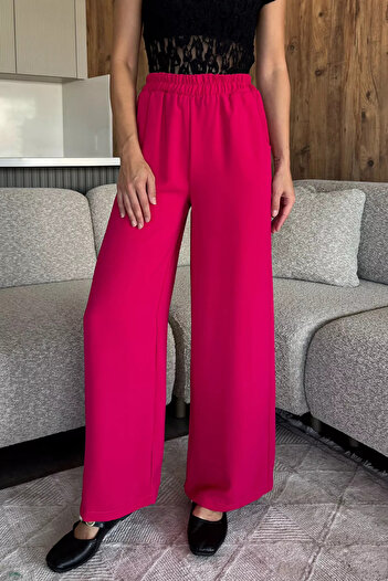 julude Fuchsia Women's Wide Leg Elastic Waist Fabric Trousers