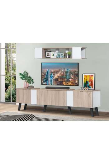BAITY Wood TV Table with 3 Drawers and Shelves - 180cm - Light Brown and White
