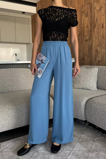 julude Blue Women's Wide Leg Elastic Waist Fabric Trousers