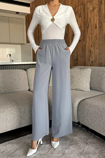 julude Gray Women's Wide Leg Elastic Waist Fabric Trousers