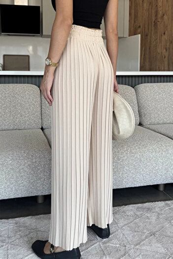 julude Light Beige Women's Elastic Waist Pleated Loose Fit Trousers