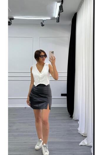 Daves Short Leather Skirt with Slit Detail