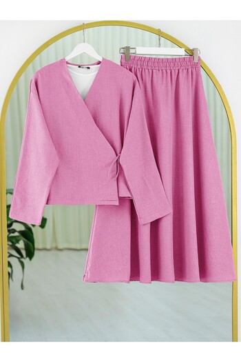 Modamorfo Linen Suit with Side Tie Skirt - Pink