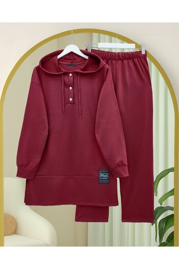 Modamorfo Snap Fastener Detail Double Combed Cotton Suit - Burgundy