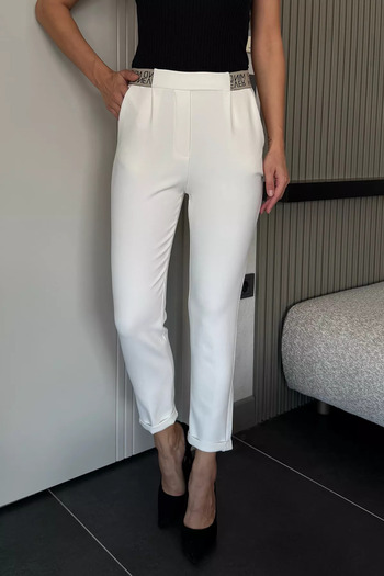 julude Cream Waist Elastic Slim Fit Fabric Trousers with Text Detail
