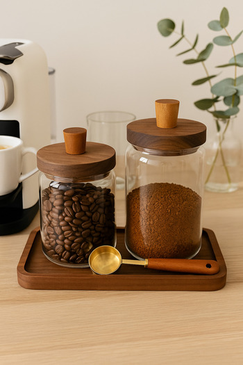 Mottogo Set of 2 Acacia Vacuum Lid Glass Jars with Measuring Spoons 450ml - 700ml