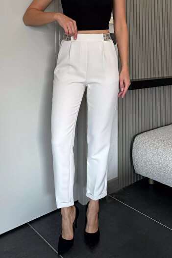 julude Ecru Elastic Waist Slim Fit Fabric Trousers with Text Detail