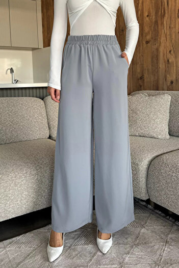 julude Gray Women's Wide Leg Elastic Waist Fabric Trousers