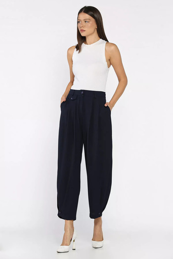 julude Navy Blue Comfortable Trousers with Button Detail on the Legs