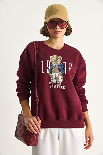 Bianco Lucci Women's Crew Neck Teddy Embroidery Detailed Sweat 60284066