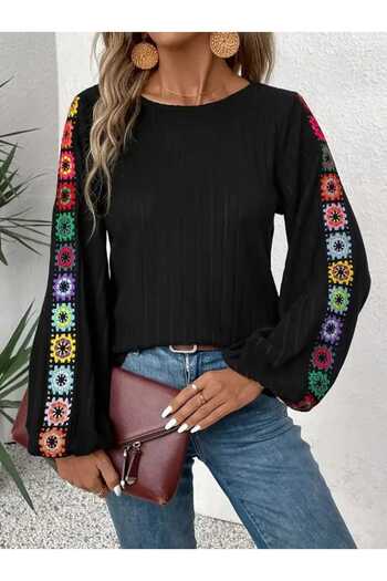 JANES Women's Long Sleeve Floral Detailed Crew Neck Waffle Blouse