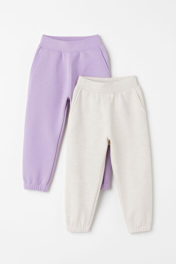 Magu Girl's Cotton Lilac & Ecru Jogger Sweatpants Set of 2 – Elastic Waist with Pockets