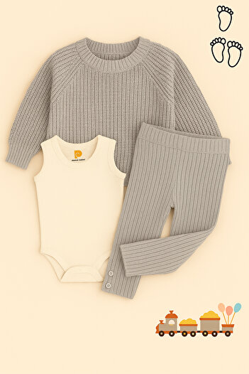 LilJoy Baby 3-Piece Set Winter 3-Piece Baby Set Sweater Leggings Bodysuit Light Gray