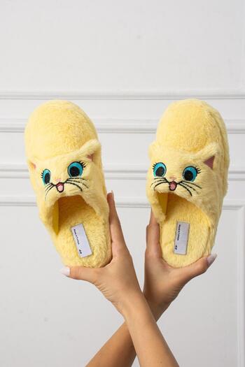 Oksit My Cat Embroidered Women's House Slippers Plush Slippers Dowry and Bundle Slippers Do Not Make Noise Thick Sole