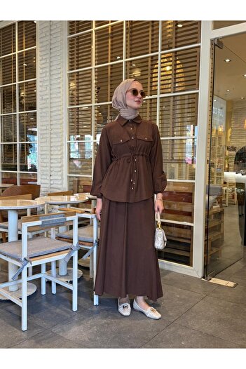 NS Moda Hijab Ikra Skirt Shirt Set Brown-Model 544
