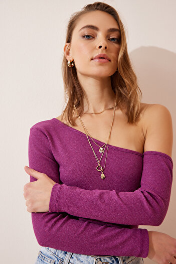 Lovelyİstanbul Open Shoulder Ribbed Knitted Blouse Ltg0001 Light Murdum
