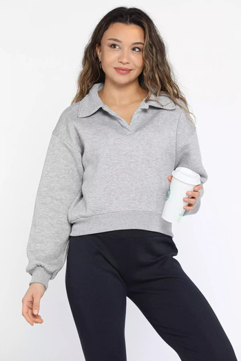 julude Gray Polo Collar Raised Women's Sweatshirt