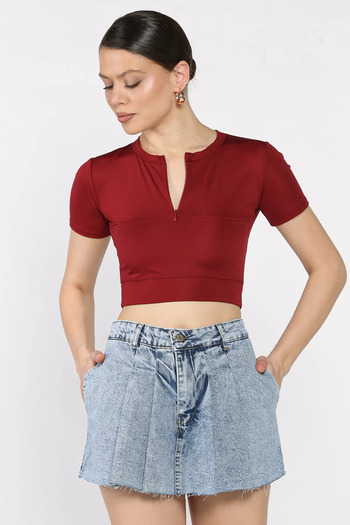julude Fusta albastră cu talie înaltă plisată din denim