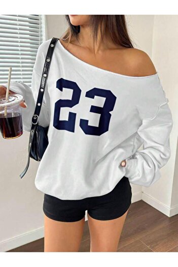 Machetta Women's 23 Printed One Shoulder Boat Neck New Season Oversize Sweatshirt