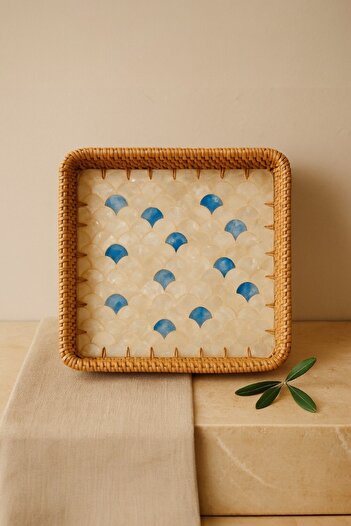 oceanpoint Embroidered Square Rattan Serving Tray, Handmade, Blue Drop Pattern, 28X28 cm
