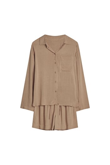 ESOTIQ Women's Two-Piece Pajama Set Homewear Button Down Shirt & Shorts Linen Look | Corenso