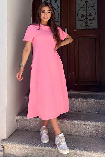 julude Pink Crewneck Pocket Detailed Short Sleeve Dress