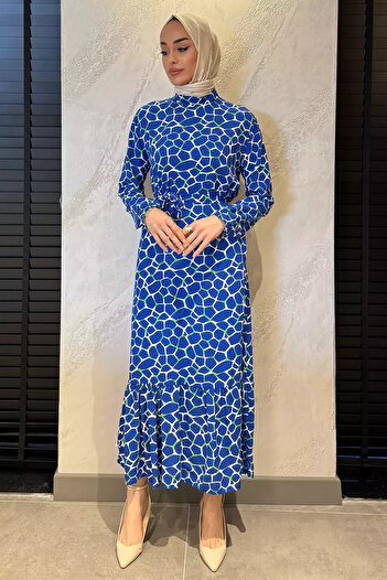 julude Rochie din viscoză cu model și cu legături în talie, albastru saxofon