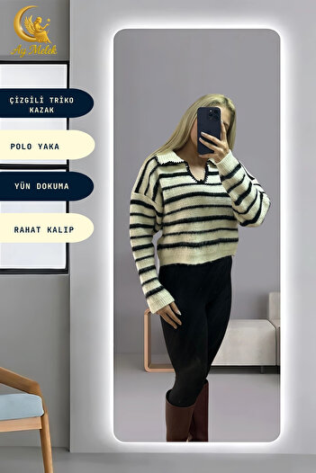AYMELEK Women's Striped Polo Neck Oversize Knitwear Short Sweater