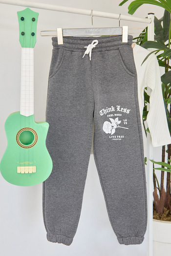Fulla Moda Girls' Sweatpants with Rose and Text Print and Elastic Waist
