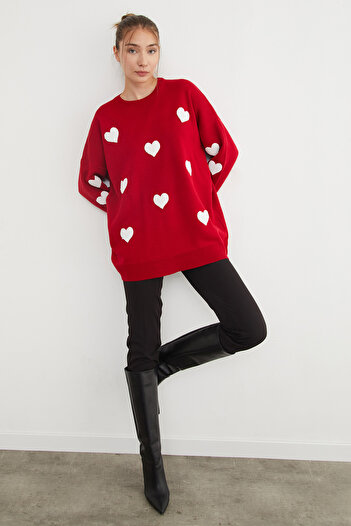 Fulla Moda Heart Embroidered Oversize Knitwear Sweater