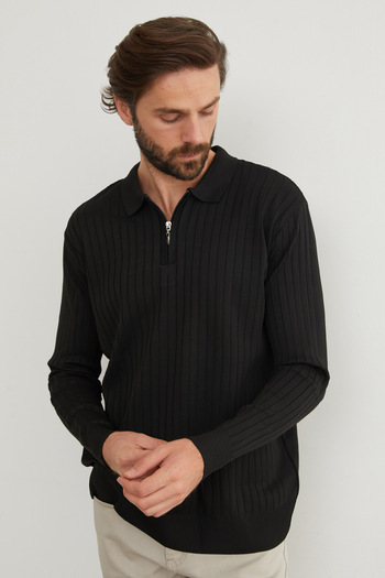 Fulla Moda Fitilli Yarım Fermuarlı Polo Yaka Triko Kazak