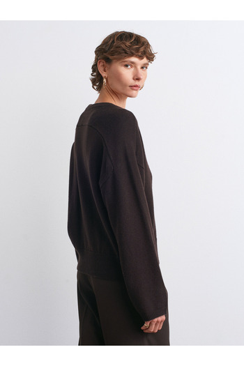 Dilvin 10812 Crew Neck Drawstring Button Detailed Wool Knit Sweater-Dark Brown