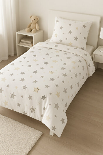 Sinada Gray Star Patterned Single Duvet Cover Set
