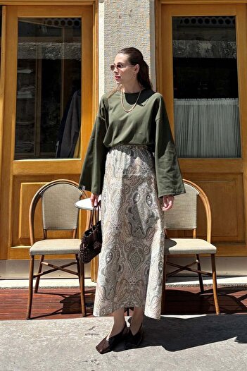 Ceylan Otantik Mink Ethnic Pattern Cotton Satin Flared Skirt