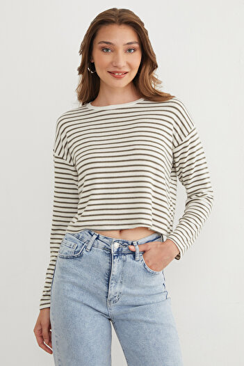 Fulla Moda Striped Crop Slim Knitwear Sweater
