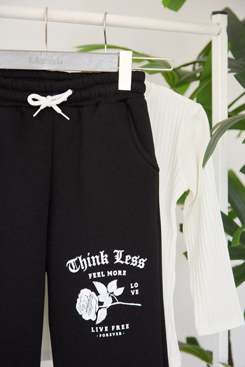 Fulla Moda Girls' Sweatpants with Rose and Text Print and Elastic Waist