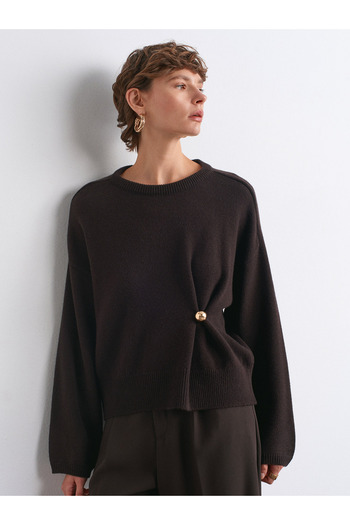 Dilvin 10812 Crew Neck Drawstring Button Detailed Wool Knit Sweater-Dark Brown