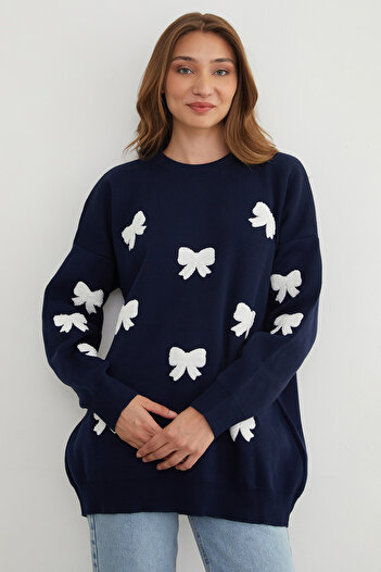 Fulla Moda Πλεκτό πουλόβερ με κορδέλα με λαιμόκοψη Oversize