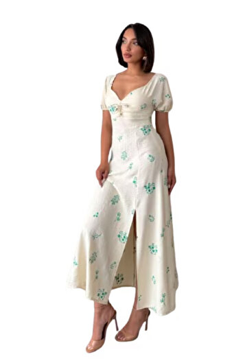 OEM Floral midi dress, pastel cream, mint, loose fit, L INTL