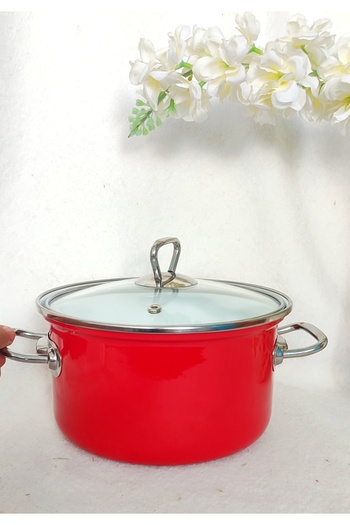EBRULİEMAYE Red Enamel Pot 3.4 Liters 22 cm Diameter Milk Yogurt Soup Pot with Chrome Detail