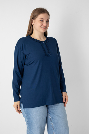 Orly More Viscose Fabric Mini Slit Regular Size Long Sleeve Collar and Button Detail Mother Combed Cotton Blouse