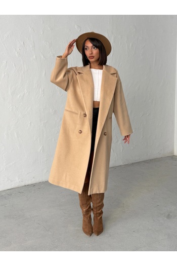 BEJNA Women's Camel Buttoned Soft Textured Cashmere Coat