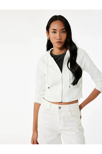 Koton Hooded Full Zip White Women's Cardigan 6Wak10087Ek