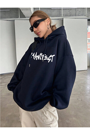 Revasser Unisex Erkek/Kadın MANİFEST Renkli Özel Baskılı Pamuklu Oversize Kapüşonlu Sweatshirt