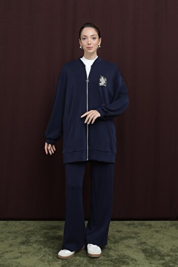 Puane Women's Embroidery Detailed Embroidered Suit - 14305Tks - Navy Blue