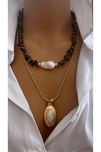 Nevaa Still Multiple Natural Stone Design Real Pearl Necklace