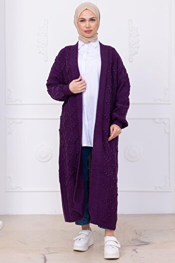 hafsamina Cherry Patterned Long Knitwear Cardigan Purple Hm2334