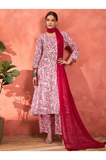 Sassafras By Styli Pink and White Cambric Kurta with Pencil Pants and Dupatta Set
