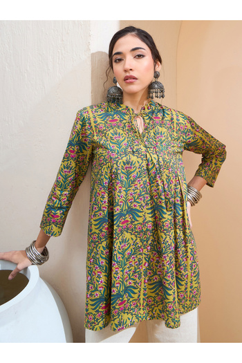 Sassafras By Styli Dark Mustard Floral Cambric Front Tie Knot Kurti