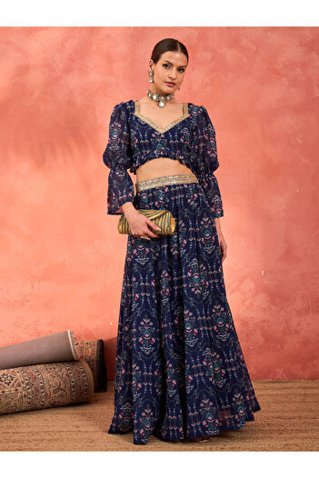 Sassafras By Styli Navy Floral Hem Frill Crop Top with Anarkali Skirt